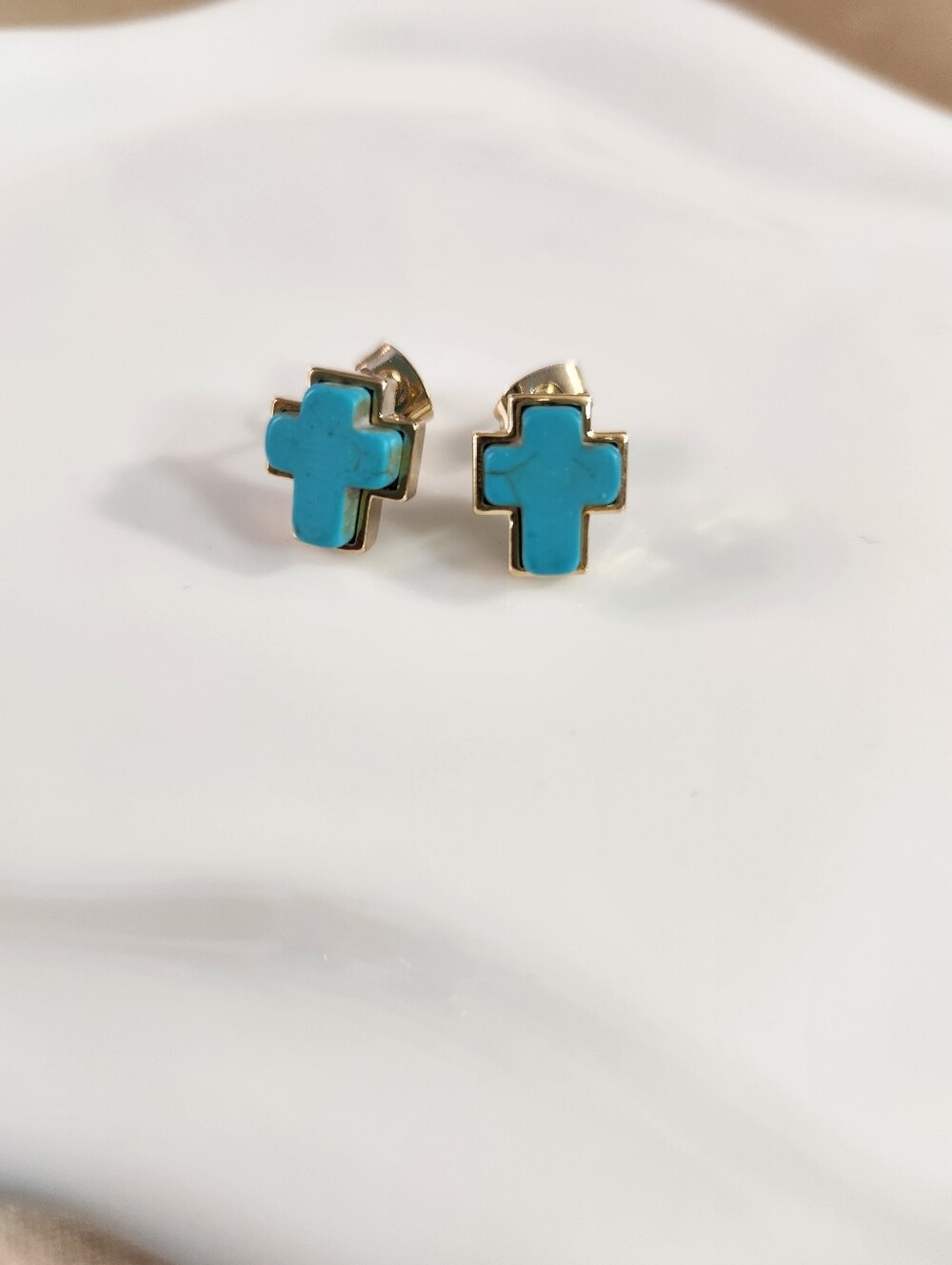 14k Gold Plated Turquoise Cross Earrings